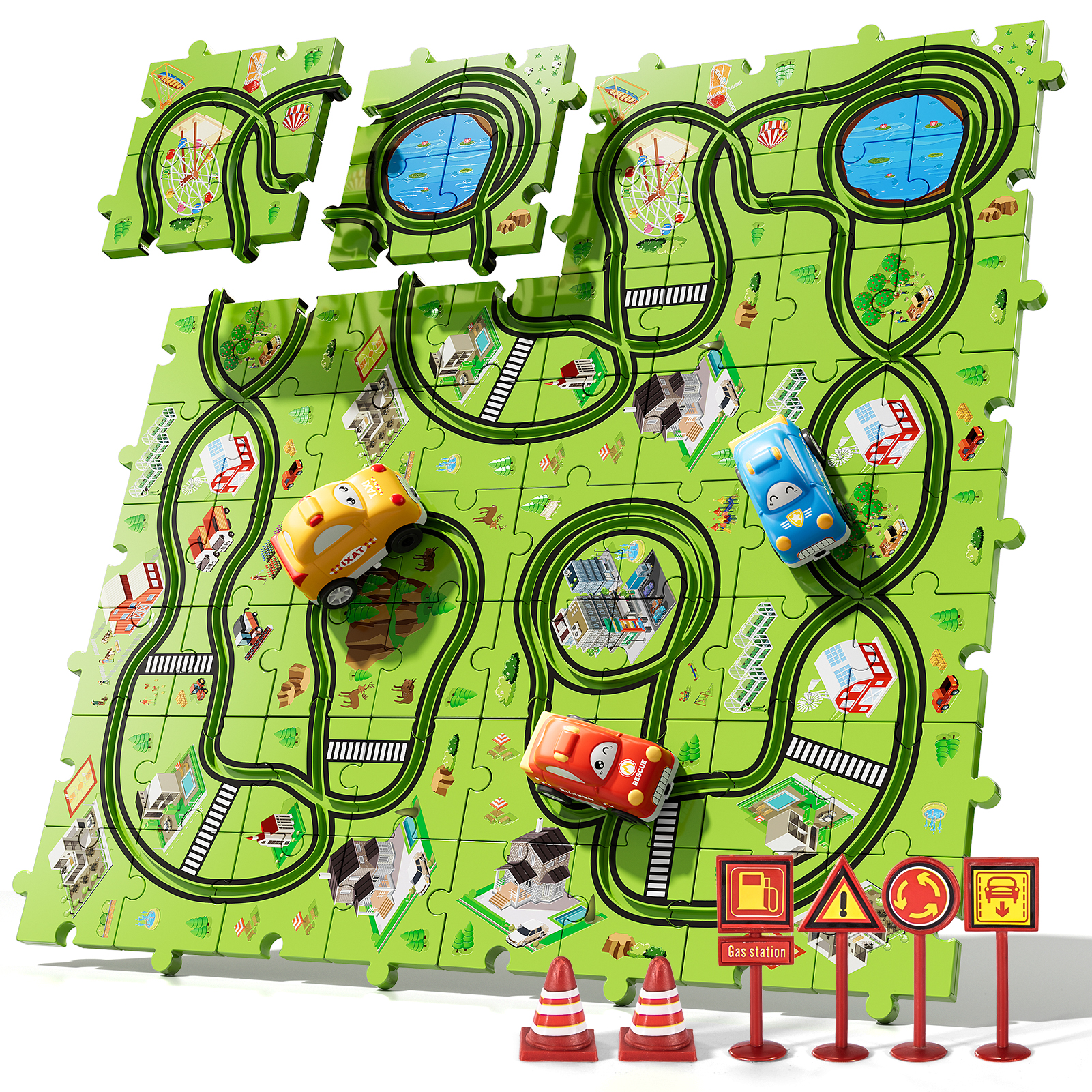 iHaHa 73 Pcs Puzzle Race Car Set Toys for Kids Ages 3-6 Years Old Boys, Puzzle Track Toys Gifts for Ages 3 4 5, Race Car Track Toys