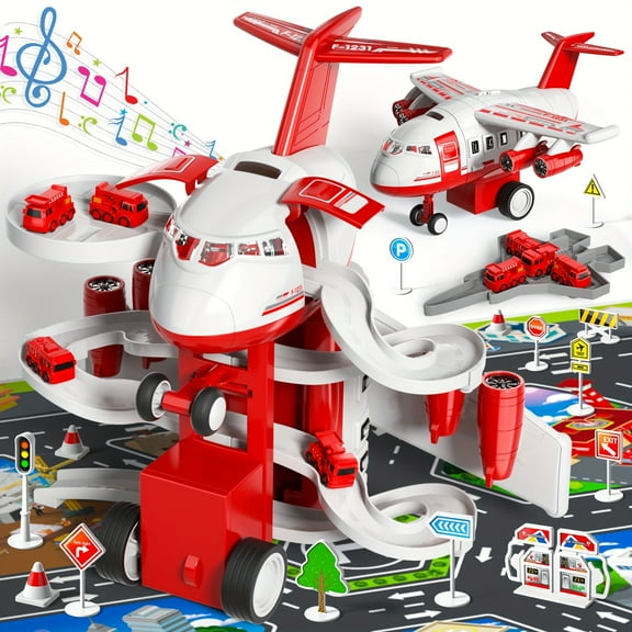 Multifunctional Red Fire Airplane Track Toys For Kids Boys, Garage Parking Lot Playset With 14 Road Signs 4 Fire Vehicles 1 Map