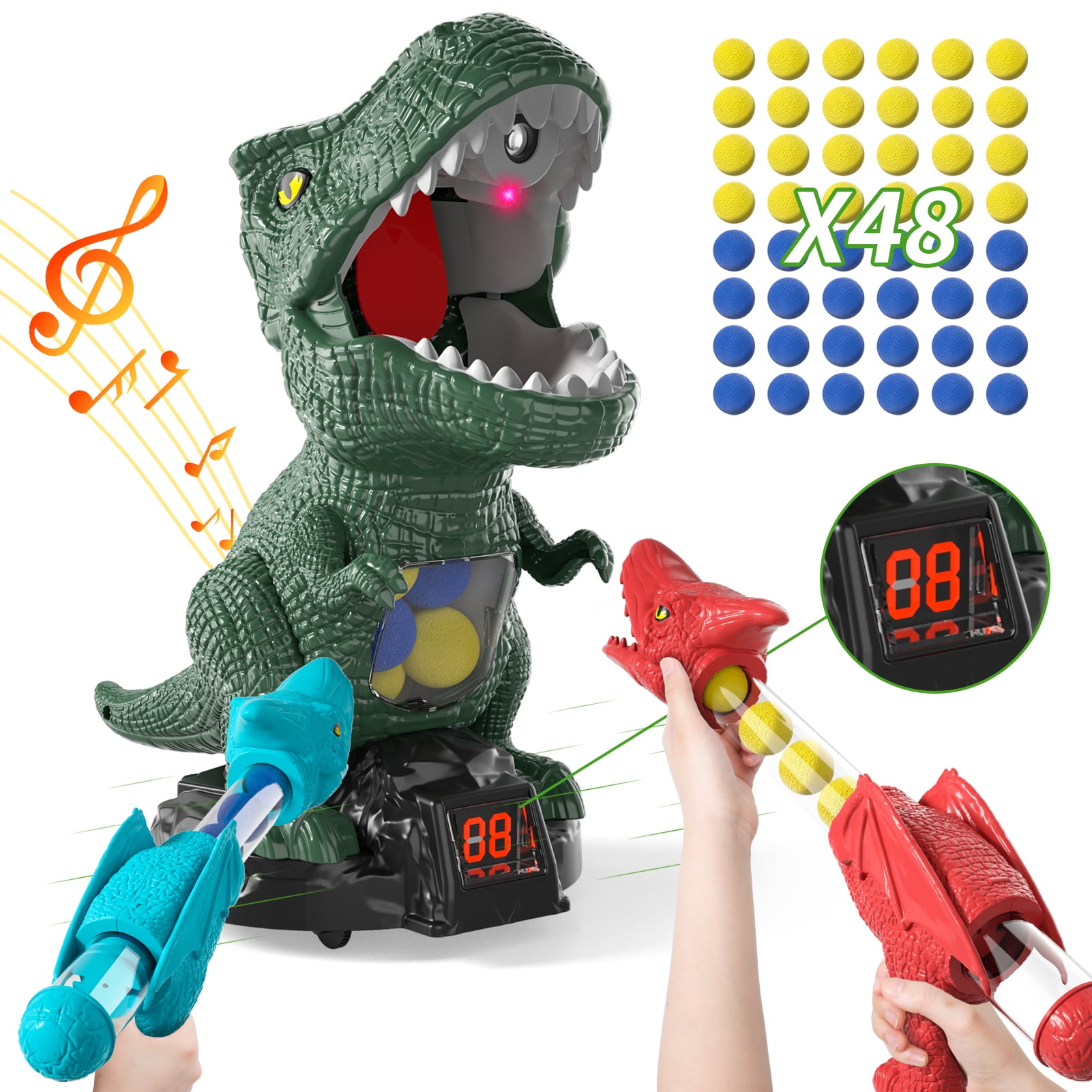 KukuFun Dinosaur Toys Shooting Games for Boys 3 4 5 6 Years Old Movable Shooting Target Toy with 2 Pump Guns & 48 Foam Balls, Outdoor Indoor Game Toys