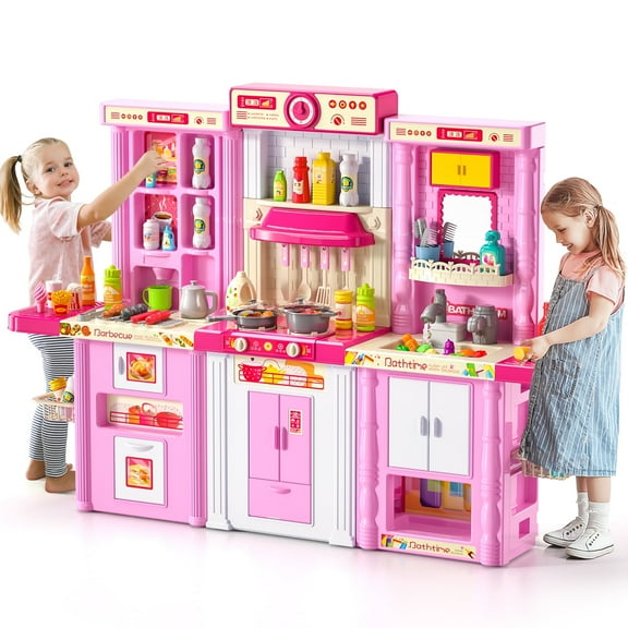 KukuFun Kids Play Kitchen Playset for Toddlers Girls, Toy Kitchen Sets Pretend Play Food Toys for Girls Kids Ages 2-6, with Light Sound Spray