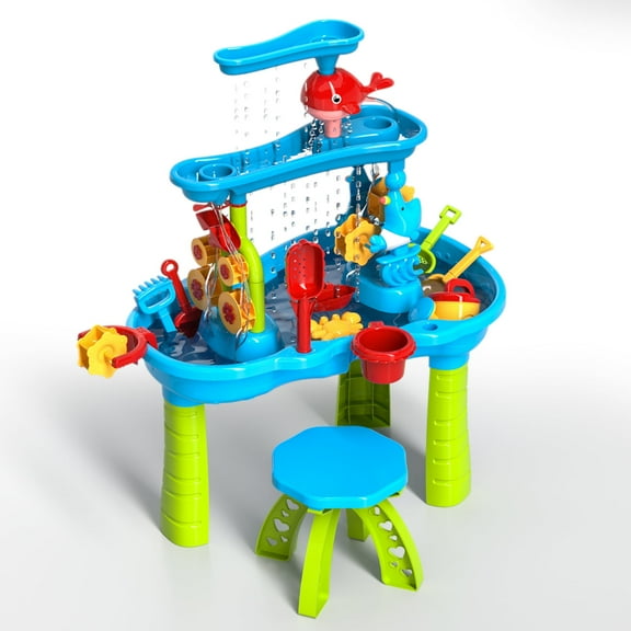 KukuFun Toddlers Water Table for Ages 1-5, Sand and Water Play Table for Toddlers, 3-Tier Outdoor Activity Table for Beach and Backyard