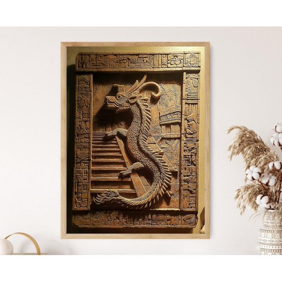 Kukulkan Temple Relief, Mesoamerican Stone Carving Art Print Poster , Poster Print Only