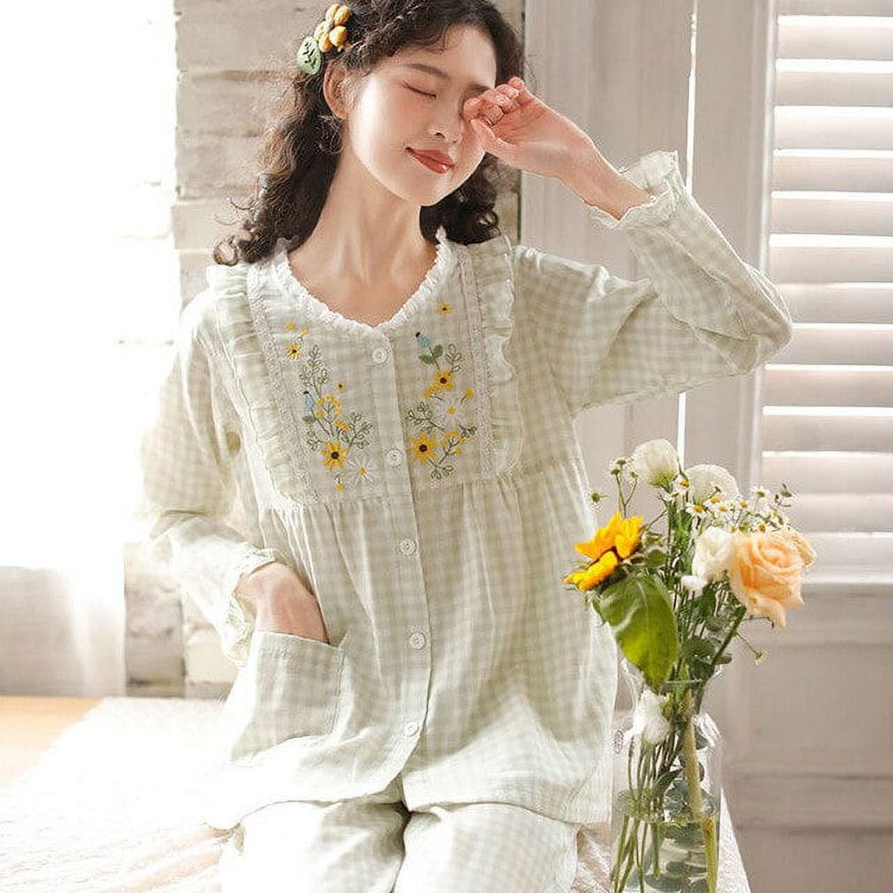 Kukuzhu 100 Cotton Gauze Pajamas for Women Korean Lace flower