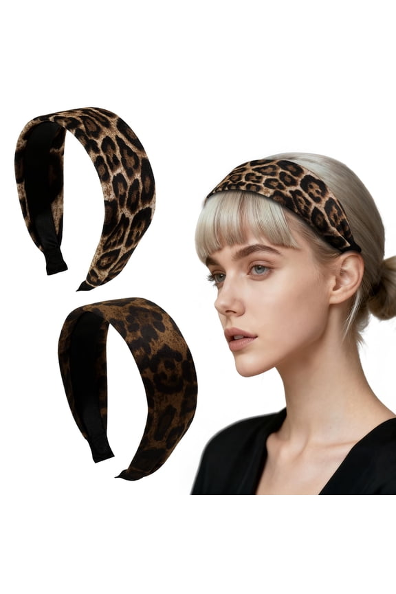 2 Pack Wide Leopard Headbands for Women, Non-Slip Elastic Hair Bands Soft Fabric Head Band for Daily Wear, Makeup, Travel Fashion Hair Accessories for Girls