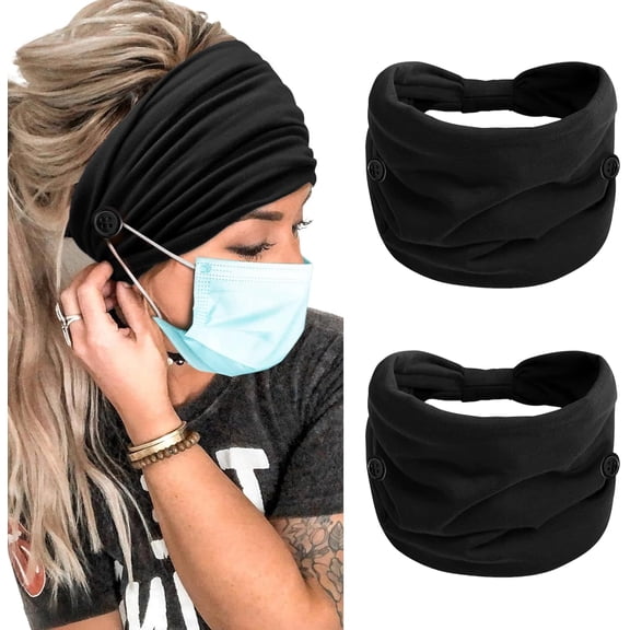 Kukuzhu 2 Packs Headbands with Buttons for Mask Ear Savers 7’’ Extra Wide Non Slip Nurse Headband for Women Men Doctors Black Elastic Ears Protector Head Bands Sweatband Hair Accessories…