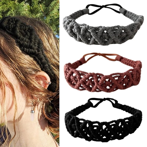 Kukuzhu 3PCS Hand-woven Cotton Rope Crochet Headbands Elastic Stretch Wide Braided Hairband No Slip Yoga Bohemian Hair Accessory for women Girls (Cotton rope B)