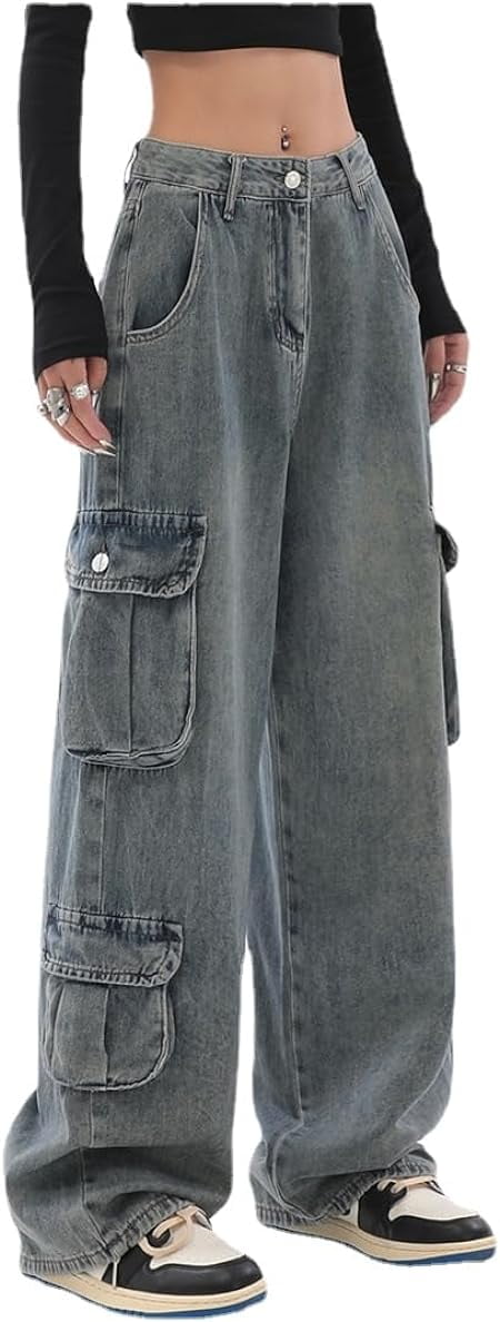 Kukuzhu Baggy Jeans Y2K Emo Denim Pant with Side Pocket Hippie Cargo ...