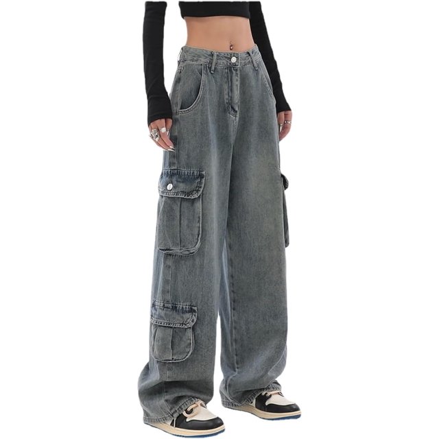Kukuzhu Baggy Jeans Y2K Emo Denim Pant with Side Pocket Hippie Cargo