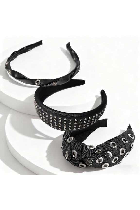 Black Faux Leather Braided Headband with Silver Grommets for Women | Edgy Punk Y2K Hair Accessory | Gothic Grunge Style for Daily & Party Wear