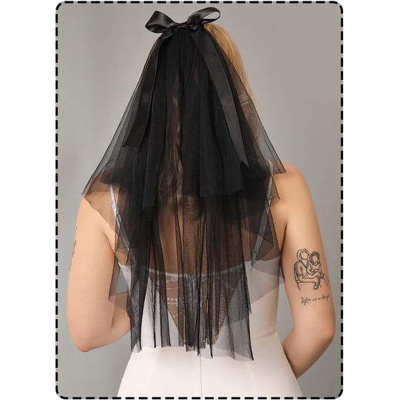 Kukuzhu Black Veil with Bow Short 2 Tiers Waist Length Halloween Bridal Veils Costume Party Bride Wedding Tulle Hair Accessories with Comb and Cut Edge