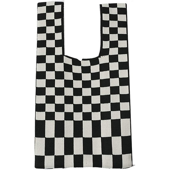 Kukuzhu Checkered Bags for Women Checkerboard Tote Bags Plaid Handbag Versatile Street Fashion Wrist Bag Womens Knitted Pouch Retro