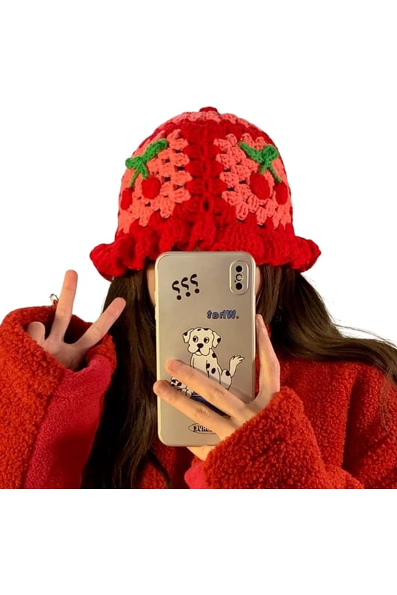 Cherry Bucket Hat Cute Crochet Fisherman Hats for Women Preppy Hat Handmade Summer Sun Hat fot Girls Beach Holiday