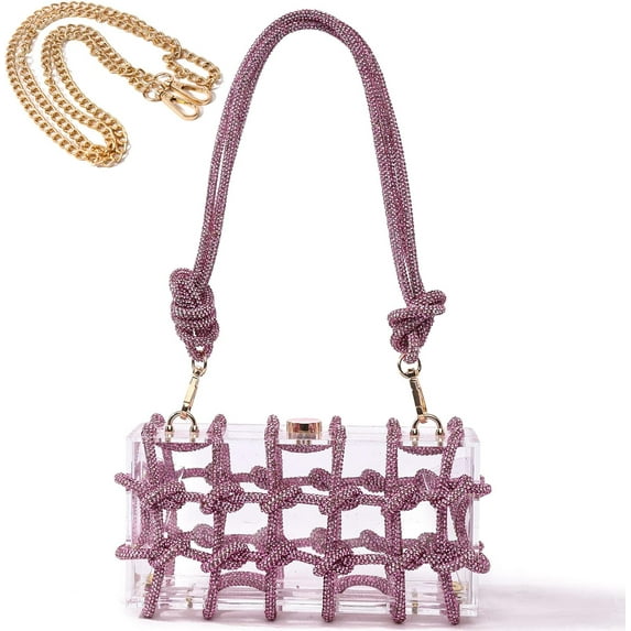 Kukuzhu Clear Acrylic Bag Rhinestone Acrylic Clutch Crystal Evening Purses for Women Glitter Embellished Rope Handbag for Wedding Cocktail Party Prom(Purple)