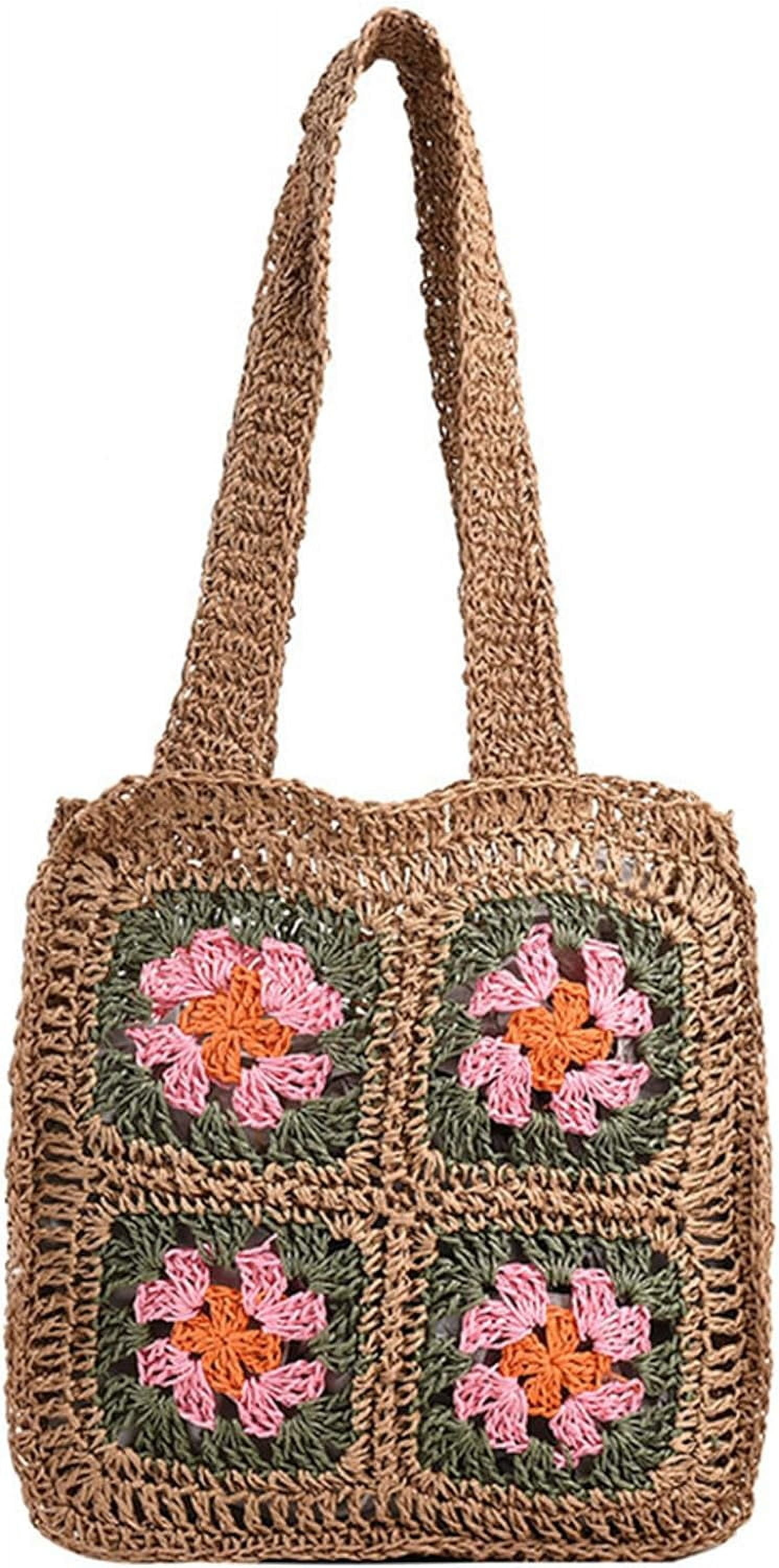 Kukuzhu Crochet Beach Bag, Summer Cute Straw Tote Bags Woven Beach Bag Knit Bags for Women Crochet Purse