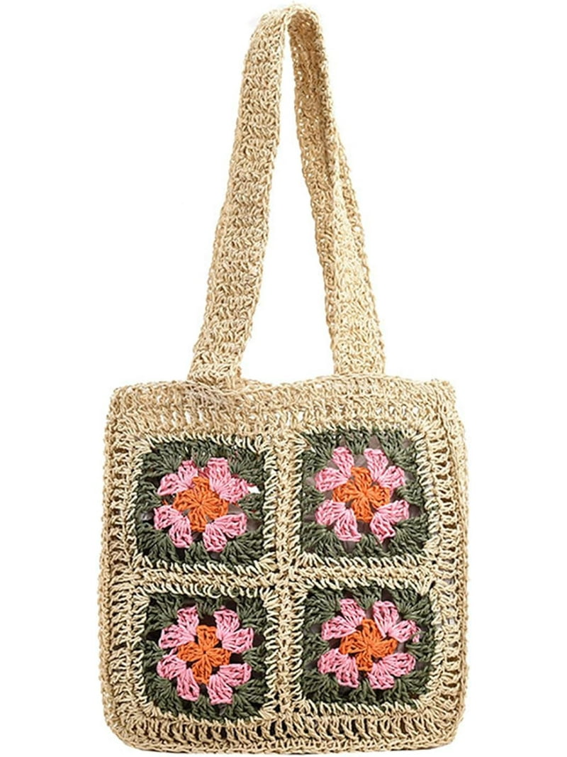 Kukuzhu Crochet Beach Bag, Summer Cute Straw Tote Bags Woven Beach