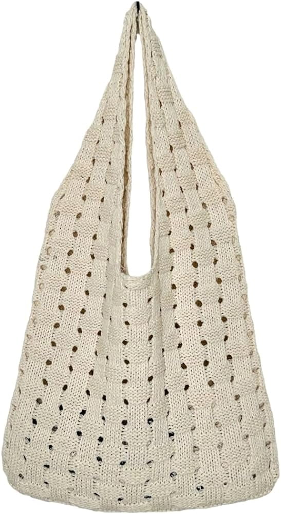Kukuzhu Crochet Beach Tote Bag for Women Knit Shoulder Bag Aesthetic Knit Bag Woven Hobo Bag Hollow Summer Bag
