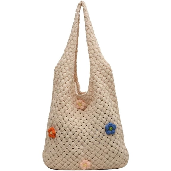 Kukuzhu Crochet Tote Bag for Women Hollow Shoulder Bag Knit Tote Bag Large Hobo Bag Summer Aesthetic Knit Bag with Flower Decor