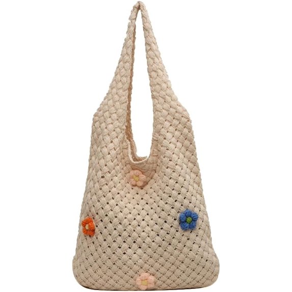 Kukuzhu Crochet Tote Bag for Women Hollow Shoulder Bag Knit Tote Bag Large Hobo Bag Summer Aesthetic Knit Bag with Flower Decor