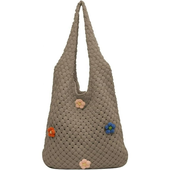 Kukuzhu Crochet Tote Bag for Women Hollow Shoulder Bag Knit Tote Bag Large Hobo Bag Summer Aesthetic Knit Bag with Flower Decor