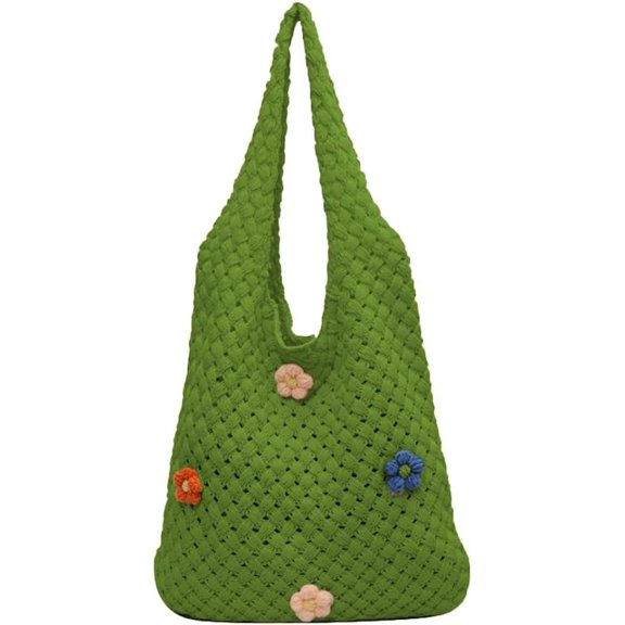 Kukuzhu Crochet Tote Bag for Women Hollow Shoulder Bag Knit Tote Bag Large Hobo Bag Summer Aesthetic Knit Bag with Flower Decor