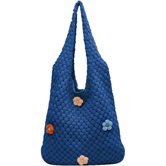 Kukuzhu Crochet Tote Bag for Women Hollow Shoulder Bag Knit Tote Bag Large Hobo Bag Summer Aesthetic Knit Bag with Flower Decor