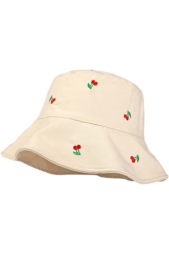 Cute Cherry Embroidered Bucket Hat Reversible Double-Side-Wear Hat Summer Packable Beach Sun Fisherman Hat