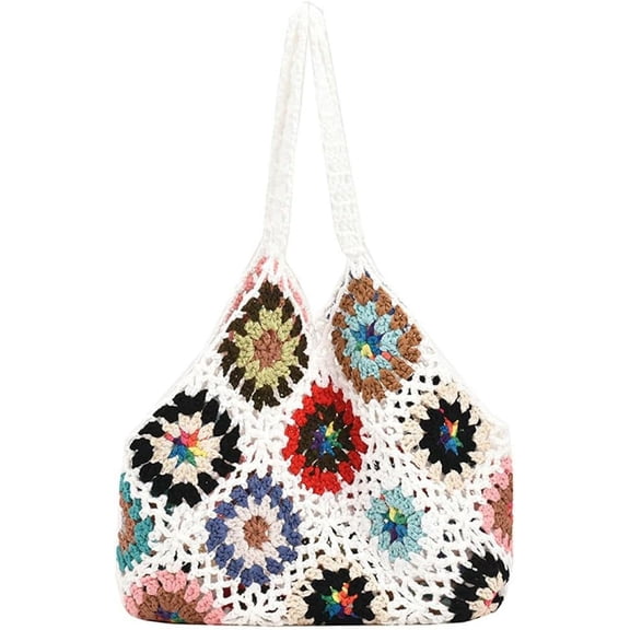 Kukuzhu Cute Floral Knitted Shoulder Bag Women Aesthetic Fairy Y2k Hobo Bag Crochet Small Hand Woven Beach Mesh Tote Purse