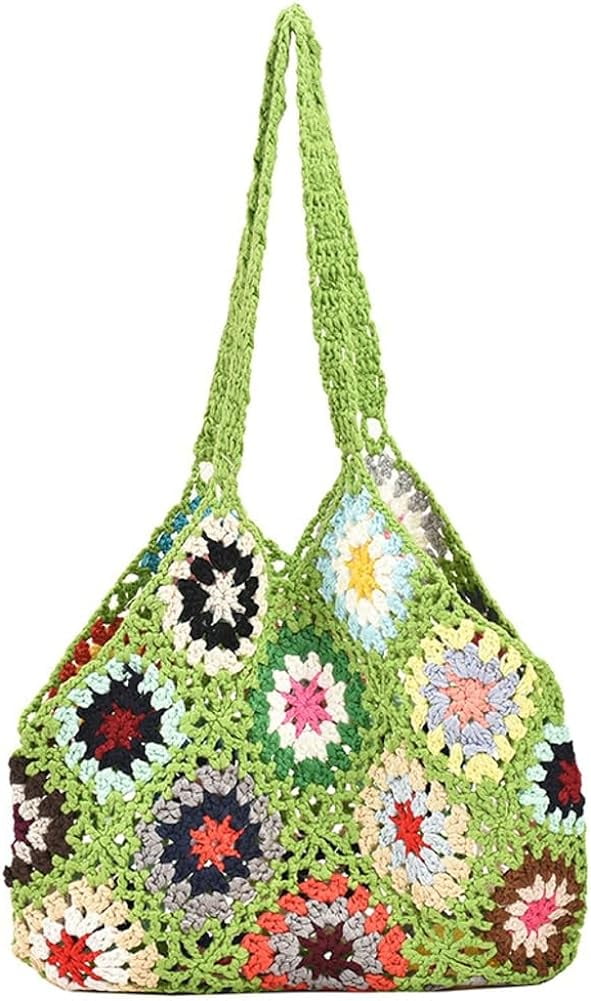Kukuzhu Cute Floral Knitted Shoulder Bag Women Fairy Y2k Hobo Bag Crochet Small Hand Woven Beach Mesh Tote Purse
