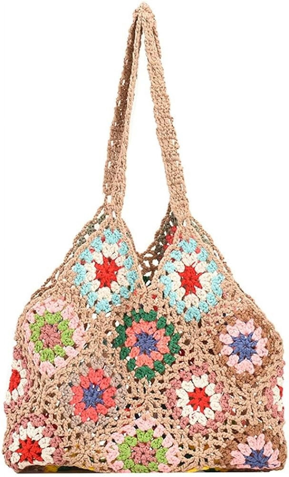 Kukuzhu Cute Floral Knitted Shoulder Bag Women Aesthetic Fairy Y2k Hobo Bag Crochet Small Hand Woven Beach Mesh Tote Purse