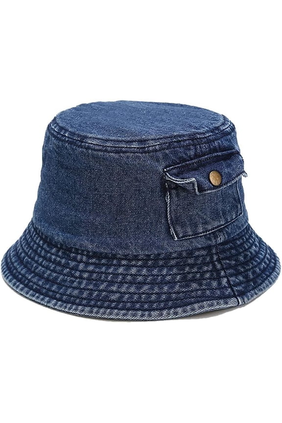 Denim Bucket Hat for Women Men Summer Beach Travel Wide Brim Sun Cap Pocket Shape Packable Hat