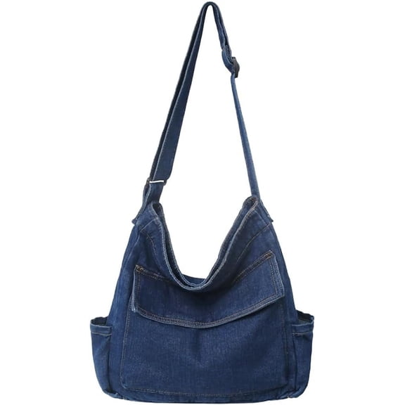 Kukuzhu Denim Shoulder Bag for Women Men Canvas Crossbody Bag Casual Hobo Tote Bag Large Shoulder Bag Shopping Bag with Pockets