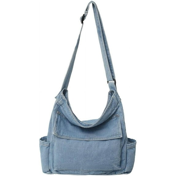 Kukuzhu Denim Shoulder Bag for Women Men Canvas Crossbody Bag Casual Hobo Tote Bag Large Shoulder Bag Shopping Bag with Pockets