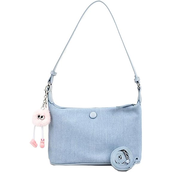 Kukuzhu Denim Tote Bag Purse for Women Small Crossbody Shoulder Bag Casual Clutch Handbags Denim Satchel Bag with Cute Pendant