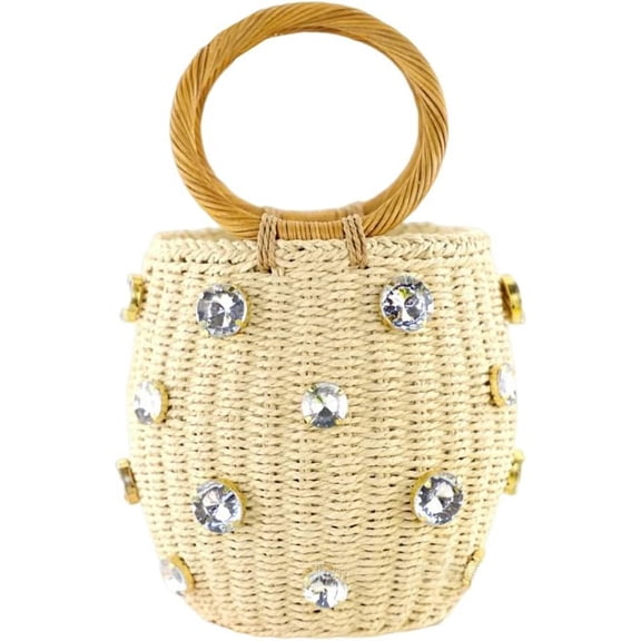 Kukuzhu Diamond Summer Straw Bag Woven Fashion Women Drawstring Beach Travel Round Handbag