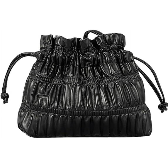 Kukuzhu Drawstring Shoulder Bag for Women Soft Leather Tote Bag Large Pleated Hobo Bag Retro Clutch Handbag Beach Travel Clutch