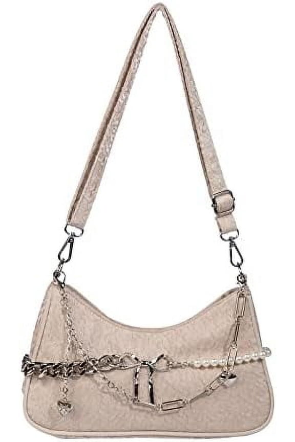 E Girl Goth Shoulder Bags Tote Handbag Y2K 90's Pearl Paperclip Chain Armpit Bag Clutch Purse Underarm Bag (Black)