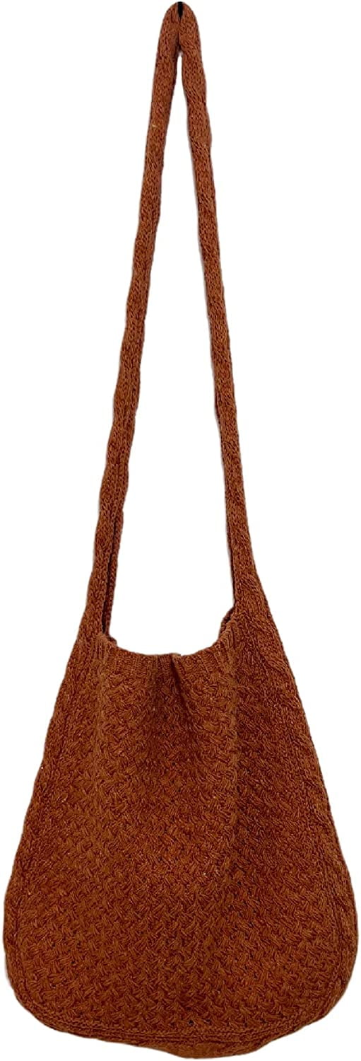 Grunge Uncinetto Tote Bag Y2K Fairycore Lettera Borse A Spalla Estetica Maglia Crossbody Borse Alla Moda Borsa Accessori, Kakhi., Large