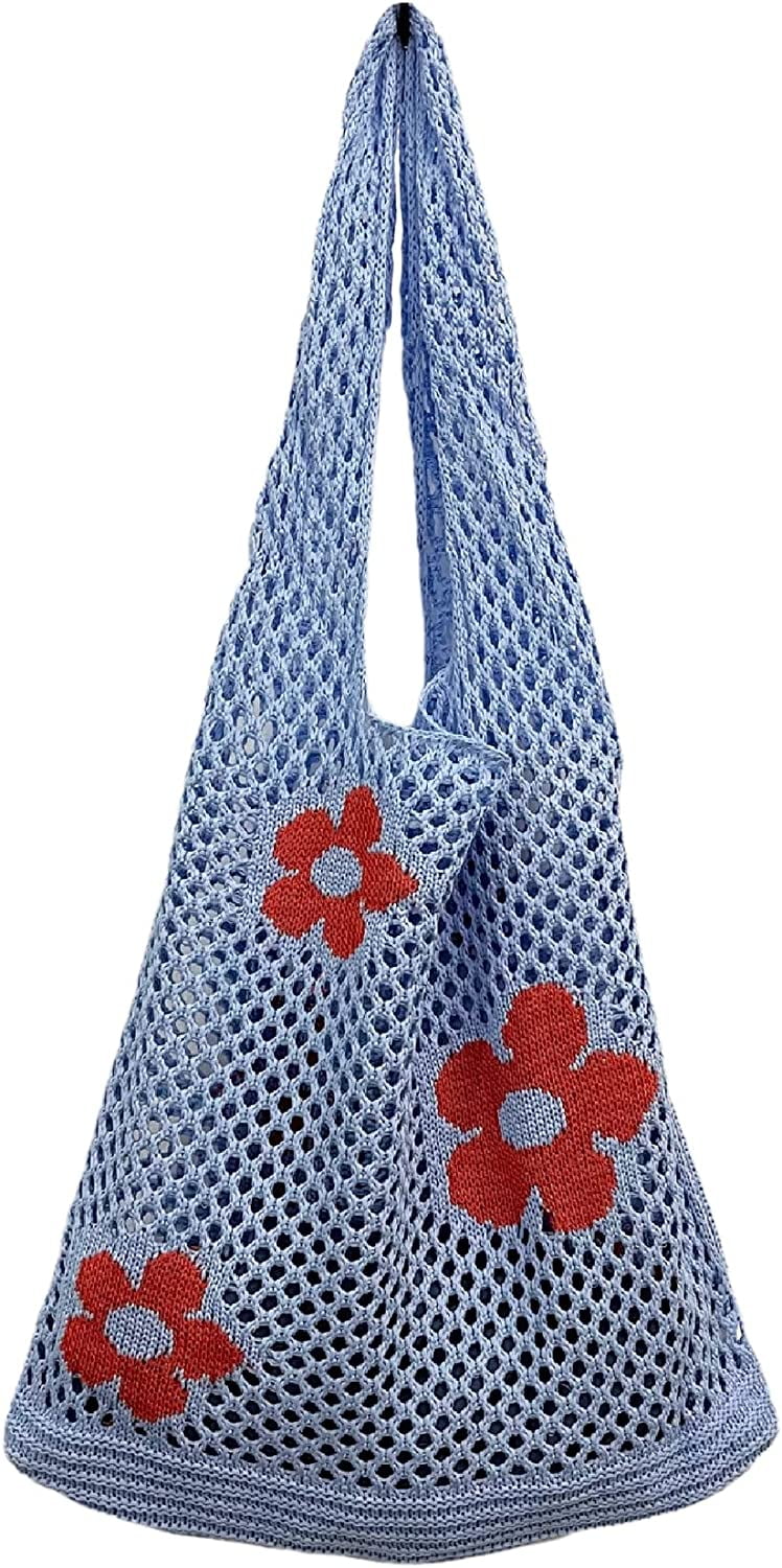 Kukuzhu Fairycore Crochet Tote Bag Y2K Grunge Knitted Shoulder Bag Flower Hollow Out Purse Cottagecore Accessories