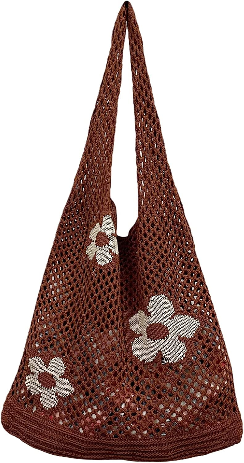 Kukuzhu Fairycore Crochet Tote Bag Y2K Grunge Knitted Shoulder Bag Flower Hollow Out Purse Cottagecore Accessories