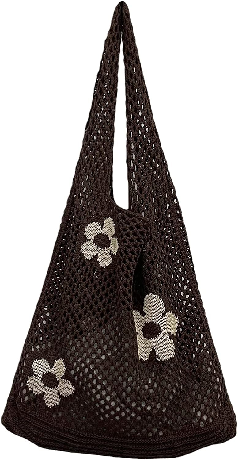 Kukuzhu Fairycore Crochet Tote Bag Y2K Grunge Knitted Shoulder Bag Flower Hollow Out Purse Cottagecore Accessories