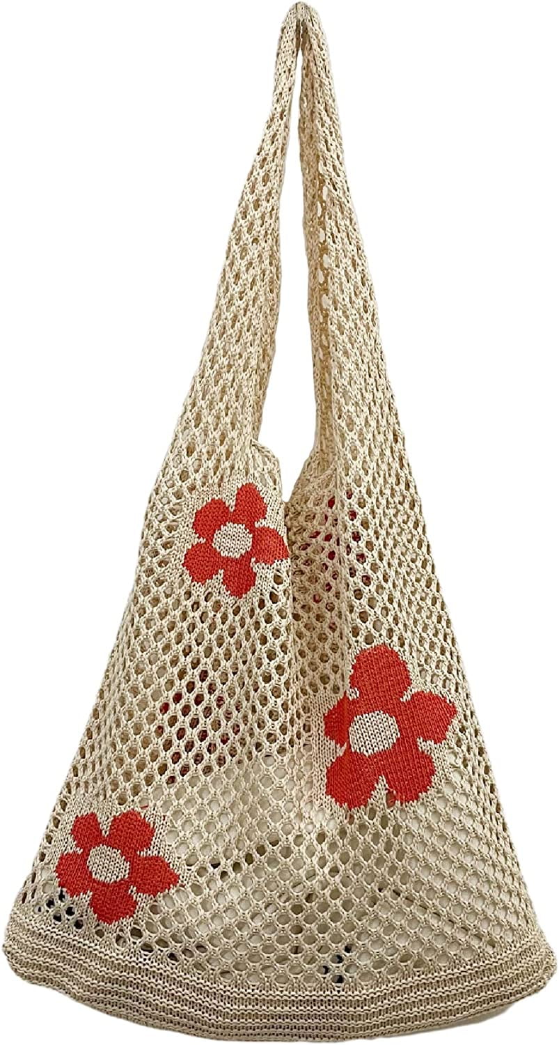 Kukuzhu Fairycore Crochet Tote Bag Y2K Grunge Knitted Shoulder Bag Flower Hollow Out Purse Cottagecore Accessories