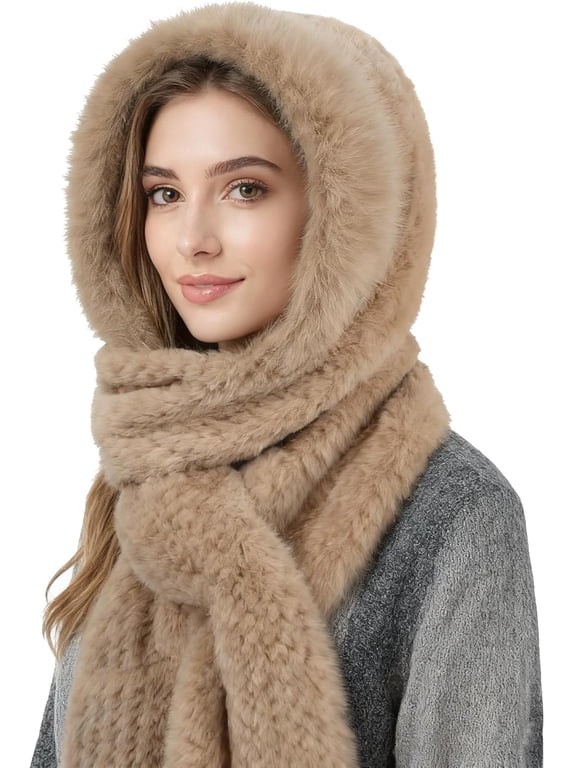 Faux Fur Hooded Scarf Gloves Set 3 in 1 Winter Thick Warm Plush Neck Warmer Hat with Pocket for Men Women Winter