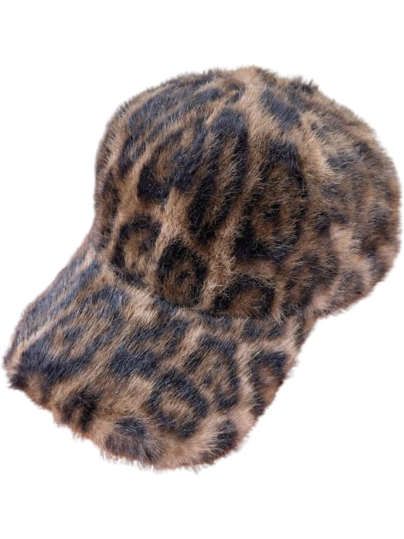 Faux Fur Leopard Print Baseball Cap, Winter Warm Plush Leopard Hat, Adjustable Unisex Curved Brim Dad Cap for Cold Weather