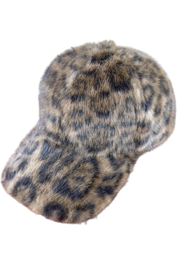 Faux Fur Leopard Print Baseball Cap, Winter Warm Plush Leopard Hat, Adjustable Unisex Curved Brim Dad Cap for Cold Weather