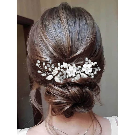 Kukuzhu Flower Bride Wedding Hair Vine Silver Leaf Bridal Headpiece Pearl Prom Hair Accessories for Women and Girls
