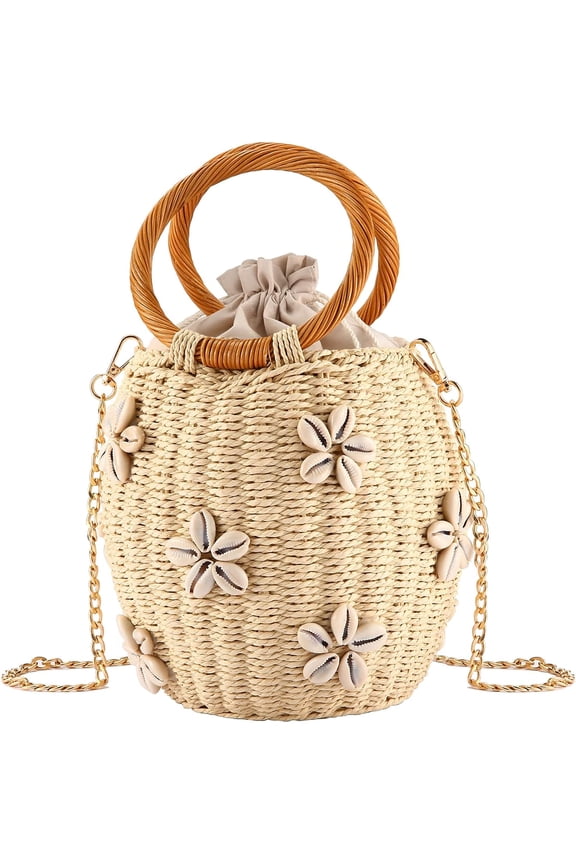 Flower Pearls Rattan Tote Bag Summer Beach Drawstring Straw Bucket Bag Diamonds Woven Handbag