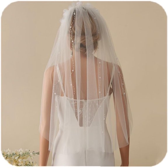 Kukuzhu Flower Wedding Headband Veil Short 1 Tier Pearl Tassel Bridal Veils Tulle Hair Accessories for Women and Brides