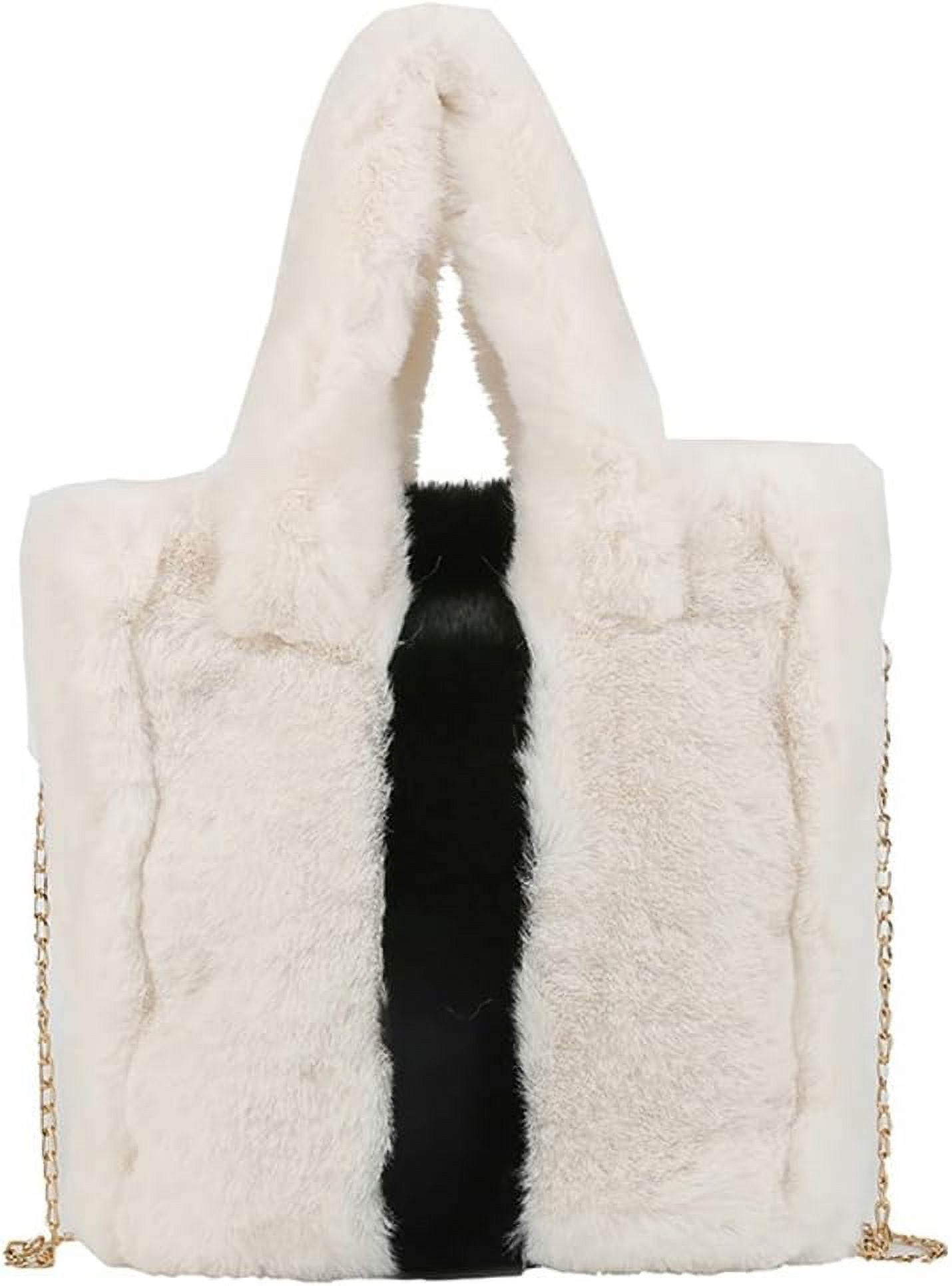 Kukuzhu Furry Handbag For Women Fuzzy Faux Fur Tote Bag Soft Shoulder