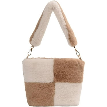 Kukuzhu Furry Hobo Handbag for Women Checkerboard Pattern Purse Soft Small Shoulder Bag Fluffy Clutch Bag Autumn Winter