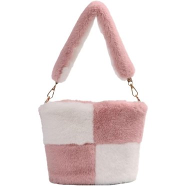 Kukuzhu Furry Hobo Handbag for Women Checkerboard Pattern Purse Soft Small Shoulder Bag Fluffy Clutch Bag Autumn Winter